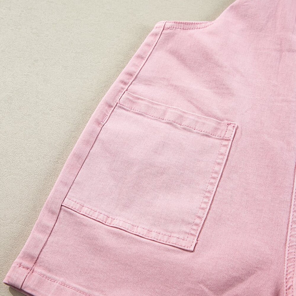 B240 Pink Solid Color Knot Straps Denim Romper with Pockets - Picture 8 of 10